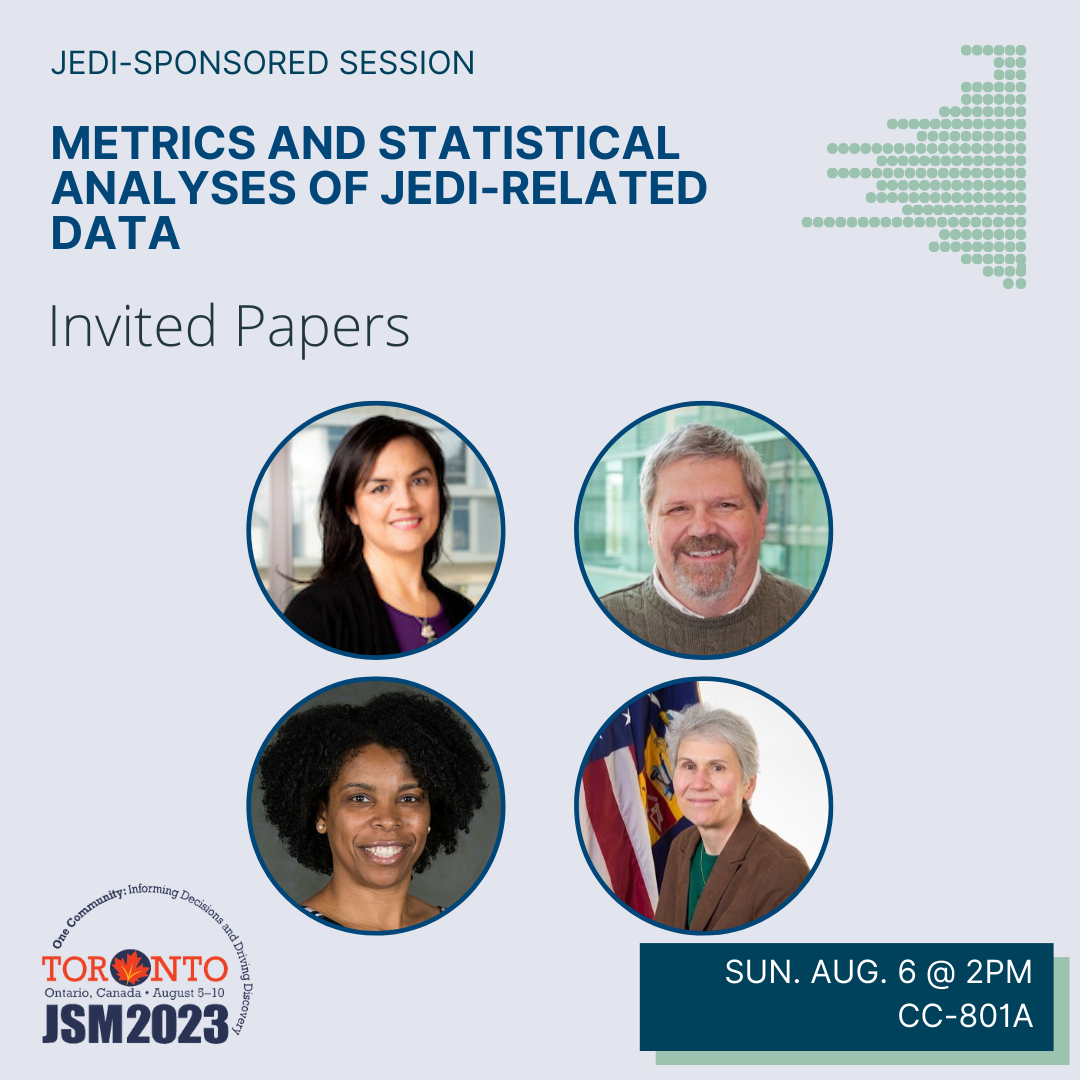 A graphic on a blue-gray background with the JSM 2023 logo in the bottom left corner and the talk date (Sunday, August 6 @ 2p) and location (CC-801A) in a box in the bottom right corner. The image is topped with the text 'JEDI-sponsored session' above the bold blue title 'Metrics and Statistical Analyses of JEDI-related Data'. Four photos of the session participants (Brisa Sanchez [Drexel University], David Corliss [GM OnStar Insurance], Kimberly Sellers [Georgetown University], Wendy Martinez [US Census Bureau]) are displayed below.