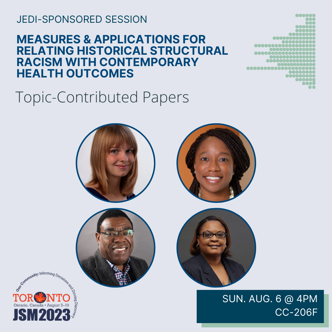A graphic on a blue-gray background with the JSM 2023 logo in the bottom left corner and the talk date (Sunday August 6 @ 4pm) and location (CC-206F) in a box in the bottom right corner. The image is topped with the text 'JEDI-sponsored session' above the bold blue title 'Measures & Applications for Relating Historical Structural Racism with Contemporary Health Outcomes'. Four photos of the session participants (Ruby Bayliss [Drexel University], Loni Tabb [Drexel University], Philimon Gona [University of Massachusetts], Melody Goodman [New York University]) are displayed below.