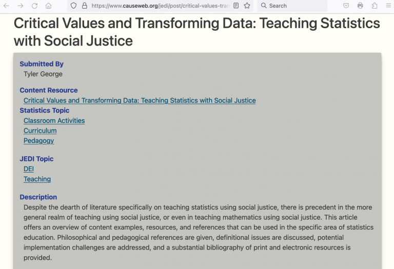 Screenshot from JEDI CAUSE website with article titled "Critical Values and Transforming Data, Teaching Statistics with Social Justice"