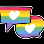 Graphic illustration with two cartoon dialogue bubbles, one square and one round. Dialogue bubbles have horizontal rainbow stripes in the background and a white heart shape in the center.