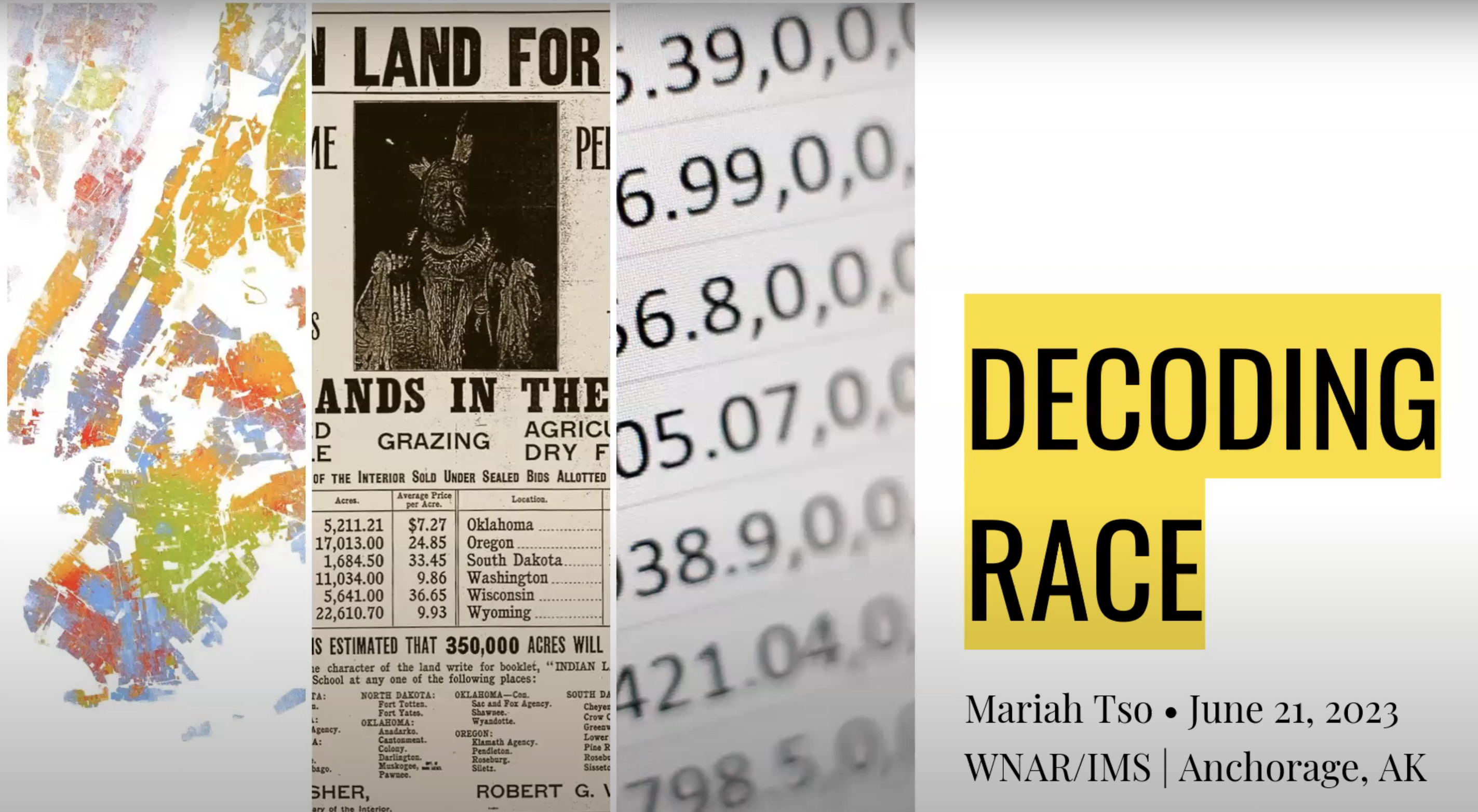 First slide for Mariah Tso's talk, titled "Decoding race"